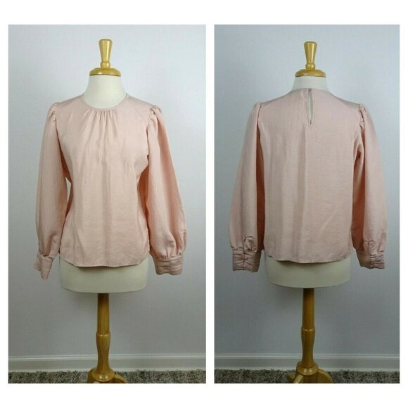 💰3/$2 EXPRESS Pink Blouse Top Puffed Balloon Sleeve Shirred Button Cuff Chic XS - Picture 3 of 13